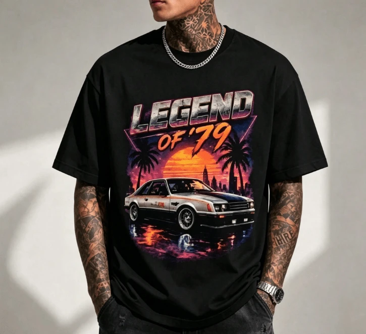 Legend Of 79 Foxbody Mustang T-Shirt | Retro 80s Synthwave Car T-Shirt - 黑色 - 查看 1