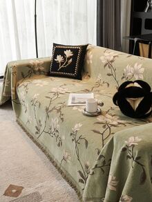 1pc Vintage Green Floral Chenille Sofa Throw, Chinese Style Botanical Pattern Tassel Sofa Cover, Non-Slip All-Season Pet-Friendly Machine Washable Home Decor Sofa Protector, Fits Single, Double, Triple Straight Sofa And L-Shaped Chaise Sofa, Machine Washable No Fading, Dust-Proof Scratch-Resistant Stain-Resistant, Suitable For Living Room, Bedroom, Homestay, Rental Home Decor - Green - View 8