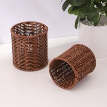2 piezas/1 pieza Soporte de utensilios de cocina de ratán, recipiente para palillos chinos - Marrón - Ver 3