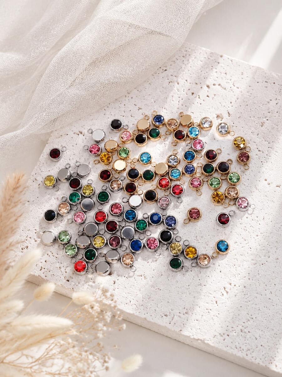 6/12/20/30 Gold/Silver Stainless Steel Charm Artificial Crystal Beads Pendant, Multiple Colors Random Mixed Birthstone Crystal Amulet Bracelet Jewelry Making DIY Handmade Necklace, Bracelet, Earring Accessories, Suitable For Valentine's Day And Birthday Gifts. - Multicolor - View 1