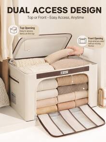 2pcs Set Formaldehyde-Removing Fabric Storage Boxes + Beige Storage Box Set, Foldable Clothing Storage Bin With Transparent Window, Dual-Opening Closet Organizer, Large Capacity Blanket Quilt Sweater Storage Container, Dust-Proof Wardrobe Storage Box, Suitable For Bedroom Home - Multicolor - View 5