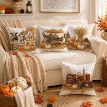 Autumn Vintage Farm Pumpkin Wheat & Small Animals Cushion Covers 4pcs Set, Single-Sided Printed Peach Skin Velvet Polyester Material, 45*45CM Throw Pillow Covers For Modern Fabric Sofa Indoor Decor, Party Decoration, Gift Giving - Multicolor - View 5