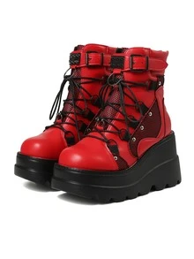 Gothic Women's Boots Punk Rivet Lace Wedge Heel Shoes Motorcycle Fight Style Comfortable Short Boots Christmas Shoes - 紅色 - 查看 2