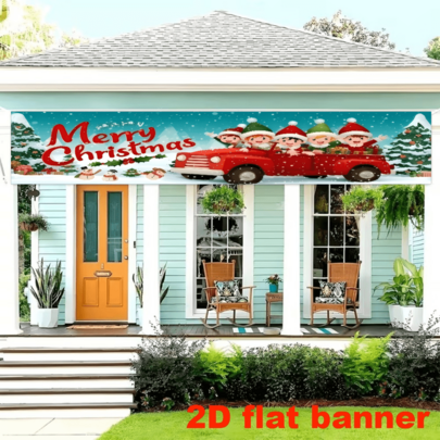 2D Flat Christmas Fence Background Fabric, Featuring A Red Vintage Truck, Silhouette Of A Person Wearing A Christmas Hat, Along With Elements Of Cedar Trees, Snowmen And Gift Boxes. No Power Supply Required.