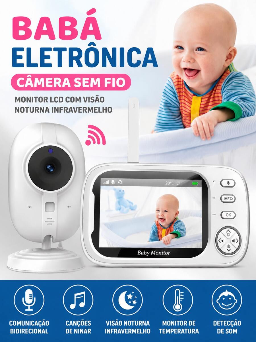 Baba Eletrônica Com Monitor Visão Noturna, Câmera c/ Audio Sensor de Temperatura VB603 3,2 polegadas