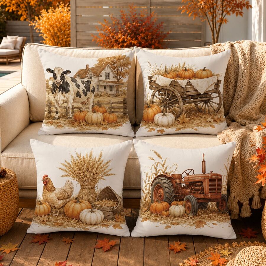 Autumn Vintage Farm Pumpkin Wheat & Small Animals Cushion Covers 4pcs Set, Single-Sided Printed Peach Skin Velvet Polyester Material, 45*45CM Throw Pillow Covers For Modern Fabric Sofa Indoor Decor, Party Decoration, Gift Giving - Multicolor - View 1