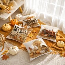 Autumn Vintage Farm Pumpkin Wheat & Small Animals Cushion Covers 4pcs Set, Single-Sided Printed Peach Skin Velvet Polyester Material, 45*45CM Throw Pillow Covers For Modern Fabric Sofa Indoor Decor, Party Decoration, Gift Giving - Multicolor - View 6