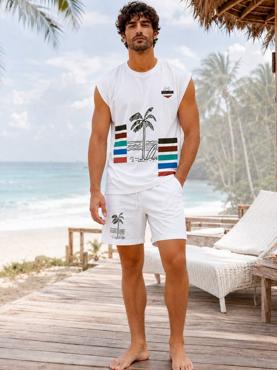 Conjunto casual de camiseta de tirantes y pantalones cortos con estampado de palmeras para hombre - Multicolor - Ver 1