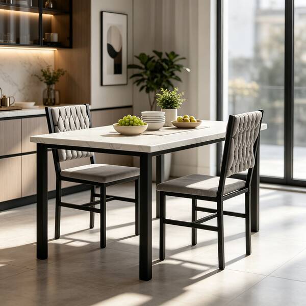 3-Piece Dining Room Table And Chairs Set, Faux Marble Kitchen Table With 2 Velvet Upholstered Chairs, 2-Person Rectangle Small Dinner Table Set For 2