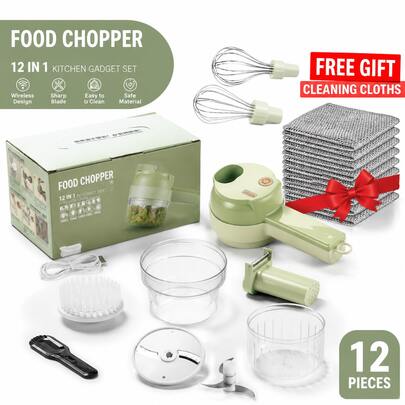 4-In-1 Wireless Mini Food Chopper & Hand Mixer Set, Portable Electric Garlic Mincer With Cleaning Brush & Egg Beater For Kitchen,Free Gift-10PCS Set Non-Scratch Steel Wool Dishcloth
