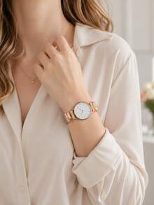 Women's Elegant Gemstone Color Block Elastic Band Quartz Watch, Rose Gold Minimalist White Dial Fashion Women's Wristwatch, Daily Casual Versatile Women's Watch, Birthday, Christmas, Mother's Day Gift - Gold - View 7