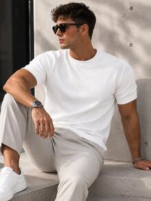 Men's Solid Color Short Sleeve Pullover Knit Top, Casual Style Spring/Summer - White - View 3