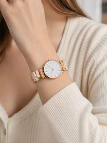 Women's Elegant Gemstone Color Block Elastic Band Quartz Watch, Rose Gold Minimalist White Dial Fashion Women's Wristwatch, Daily Casual Versatile Women's Watch, Birthday, Christmas, Mother's Day Gift - Gold - View 5