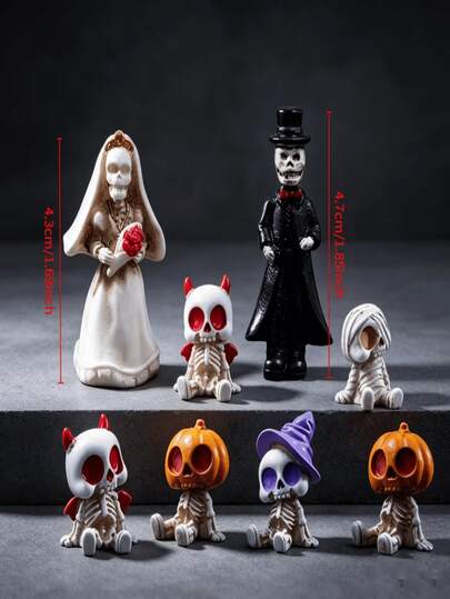 6pcs Gothic Halloween Skeleton Wedding Resin Mini Figurine Set, Skeleton Bride & Groom, Mummy, Pumpkin, Demon, Wizard Skeleton, Micro Landscape Decor, Car & Desktop Ornament, Halloween Day Of The Dead Autumn Festival Party Gift