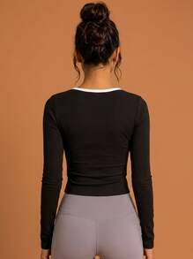 Women's Sports T-Shirt Solid Black With White Trim Square Neck Long Sleeve Elastic Slim Fit Flattering Daily Workout Top - Black - View 9