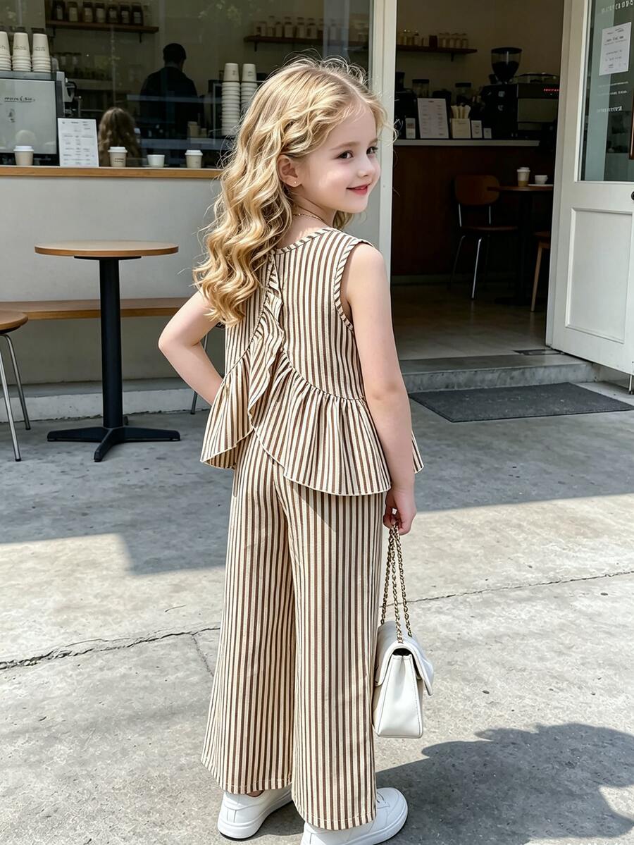 Left Mama Tween GirlsCasual Asymmetrical Ruffle Sleeveless Striped Top And Straight Pants Set, Summer - Brown - View 1