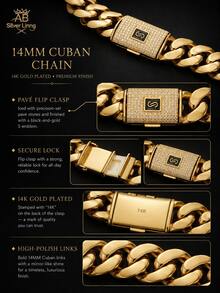 14K Gold Plated 14mm Iced Cuban Link Chain Necklace Or Bracelet, Stainless Steel Miami Cuban Chain With Rhinestone S Flip Clasp - 金色 - View 2