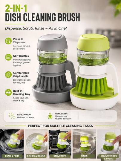 Refillable Automatic Dish Brush, Essential Cleaning Tool For Summer Beach, Picnic And Camping, All-Season Multi-Functional Stiff Bristle Brush, Suitable For Kitchen Stove And Sink, Perfect For Back To School, Graduation Dorms And Apartments, Ideal Practical Home Cleaning Gift For Family And Friends For Holidays And Parties