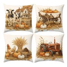 Autumn Vintage Farm Pumpkin Wheat & Small Animals Cushion Covers 4pcs Set, Single-Sided Printed Peach Skin Velvet Polyester Material, 45*45CM Throw Pillow Covers For Modern Fabric Sofa Indoor Decor, Party Decoration, Gift Giving - Multicolor - View 8
