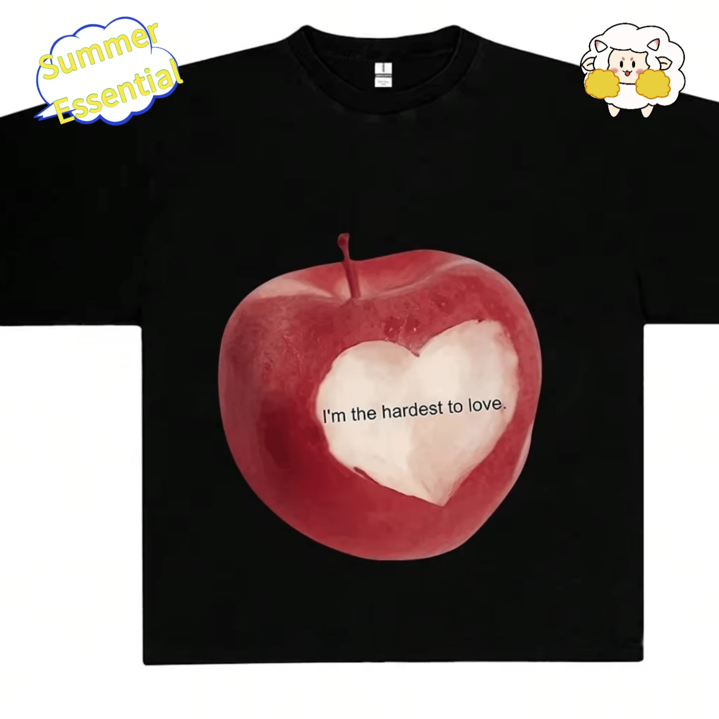 Unisex Kurzarm T-Shirt, schwarzes Rundhals bedrucktes Kurzarm T-Shirt, lustiges Muster Basic Kurzarm Top, süßes Design, Y2k, Swag DPPQ - Schwarz - Übersicht 1