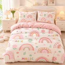 Rosa Regenbogen Blumen Bettwäsche 3-teiliges Set: 1 Bettbezug + 2 Kissenbezüge (Füllung nicht enthalten), Hochauflösend bedruckt, 100% Polyester, Weich, Reißverschluss, Maschinenwaschbar, Geeignet für Zuhause/Reisen/Wohnheim/Camping - Verschiedenfarbig - Übersicht 2