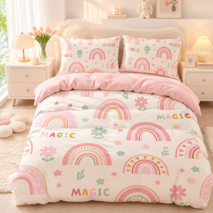 Rosa Regenbogen Blumen Bettwäsche 3-teiliges Set: 1 Bettbezug + 2 Kissenbezüge (Füllung nicht enthalten), Hochauflösend bedruckt, 100% Polyester, Weich, Reißverschluss, Maschinenwaschbar, Geeignet für Zuhause/Reisen/Wohnheim/Camping