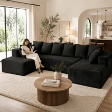 130" Cloud U-Shaped Modular Sectional Sofa, Boneless Corduroy Couch, Deep Seat Sleeper Sofa Bed With Chaise, High Density Foam, 8 Pillows, No Assembly, Oversized Living Room Couch,Black - 黑色 - 查看 1