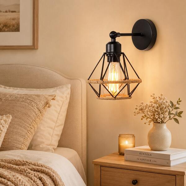1/2pcs Industrial Style Iron & Rope Wall Lamp With Rotatable Base, Vintage Hollow Wall Light E27 Socket, Bedroom Hallway Coffee Shop Decorative Wall Lamp (Bulb Not Included)