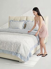 Veyra Day 3pcs Polyester Light Blue Floral Duvet Cover Set, Shabby Chic Ruffled Bedding Set With Gingham Plaid Edge, Cute Floral Comforter Cover With 2 Pillowcases (No Insert) - Sea salt milk blue lotus leaf edge - View 2