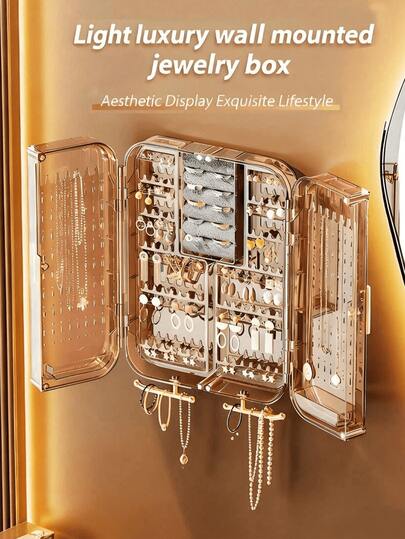 Modern Wall Mounted Jewelry Organizer Box With Fold Out Panels And Multiple Hanging Slots, Clear Jewelry Storage Cabinet For Women And Teens, Compact Earring Necklace Ring Holder For Bedroom Vanity Closet Dorm Jewelry Organizer