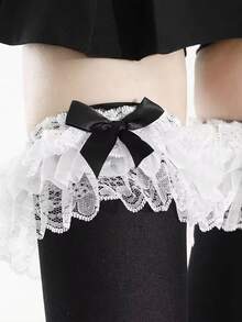 1 Pair Sweet Ruffle Lace Cuff Bowknot Decor Over-The-Knee Long Socks, High Elasticity Thigh High Socks, Black And White Cute Lolita Socks, Suitable For Cosplay, Campus Outfit And Daily Styling Fashion Accessory - Multicolor - View 4