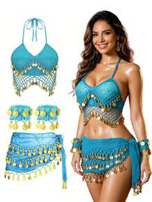 Boho Festival Rave Coin Sequin Bralette With Fringe Hip Sash And Wrist Bands For Burning Man, Beach Party And Outdoor Event - Multicolor - View 4