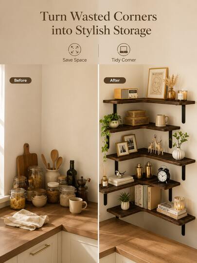 1pc/3pcs/5pcs Corner Wall Mounted Shelf, Dark Wood Grain Floating Corner Shelf With Black Metal Bracket, Suitable For Living Room, Bedroom, Study, Kitchen, Bathroom, Office, Apartment And Dorm, Can Hold Books, Green Plants, Photo Frames, Aromatherapy, Alarm Clock, Decor, Storage Boxes And Daily Items