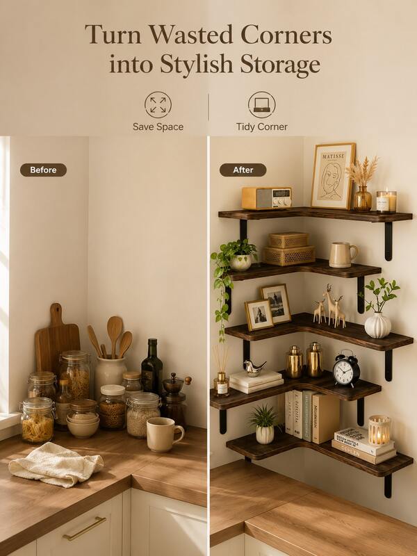 1pc/3pcs/5pcs Corner Wall Mounted Shelf, Dark Wood Grain Floating Corner Shelf With Black Metal Bracket, Suitable For Living Room, Bedroom, Study, Kitchen, Bathroom, Office, Apartment And Dorm, Can Hold Books, Green Plants, Photo Frames, Aromatherapy, Alarm Clock, Decor, Storage Boxes And Daily Items