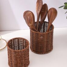 2 piezas/1 pieza Soporte de utensilios de cocina de ratán, recipiente para palillos chinos - Marrón - Ver 1