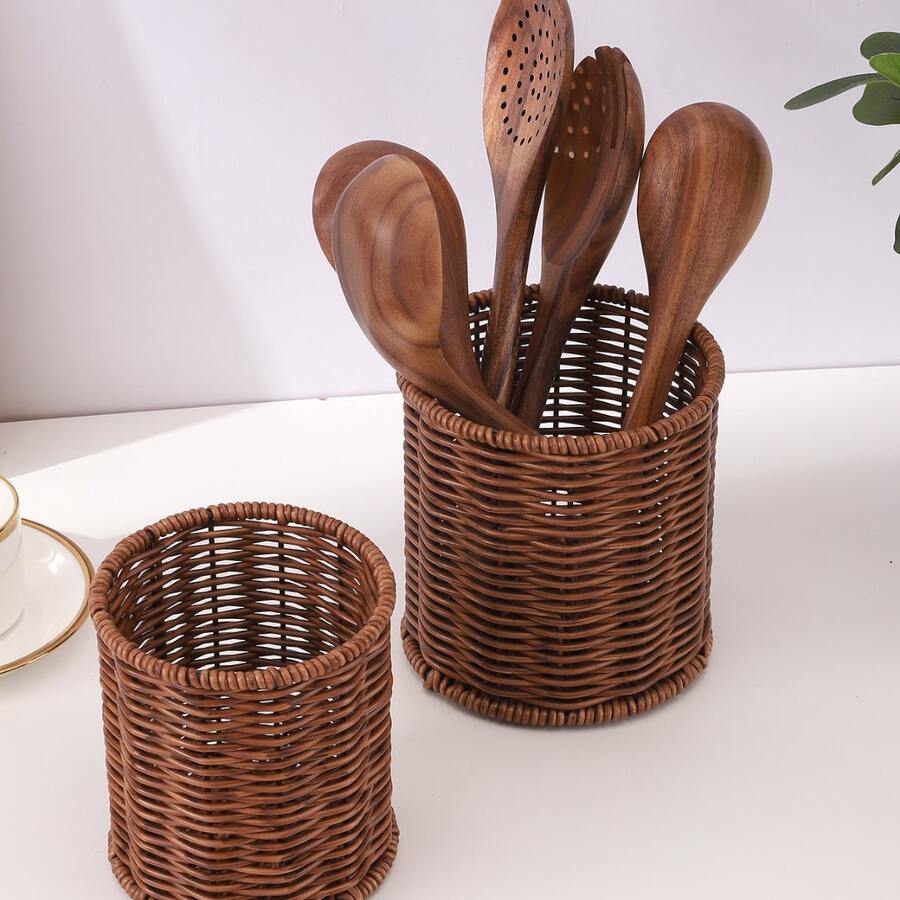 2 piezas/1 pieza Soporte de utensilios de cocina de ratán, recipiente para palillos chinos - Marrón - Ver 1