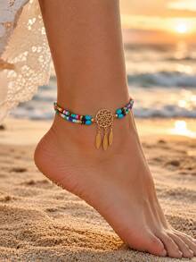1pc Vintage Fashion Creative Bohemian Ocean Style Seed Bead Dreamcatcher Leaf Tassel Pendant Anklet For Women, Suitable For Daily Casual, Outings, Banquets, Music Festivals, Parties, Beach Vacations - Multicolor - View 5