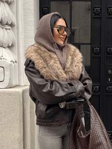 Women's Autumn New Retro Casual PU Leather Big Collar Motorcycle Jacket With Detachable Wool Collar - Brown - View 4