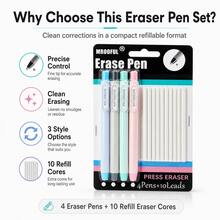 4PCS Eraser Pen Set With 10 Refill Eraser Cores, Press-Type Retractable Pencil Erasers, Refillable Correction Eraser Pens For Students, Artists, School, Office, Drawing, Sketching And Note Taking - Multicolor - View 8