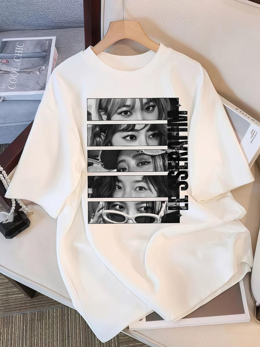 Camiseta gráfica LE SSERAFIM Five Member Eye Panel, blanco y negro, efecto envejecido, retrato, unisex, retro, suave, grunge, Y2K, streetwear para fans de grupos de chicas, vintage - Blanco - Ver 1