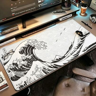Mouse Pad Gaming Black And White Gray Art Aesthetics Sea Wave Kanagawa XL Large New Mousepad XXL MousePads Non-Slip Soft Computer Table Mat Esports User