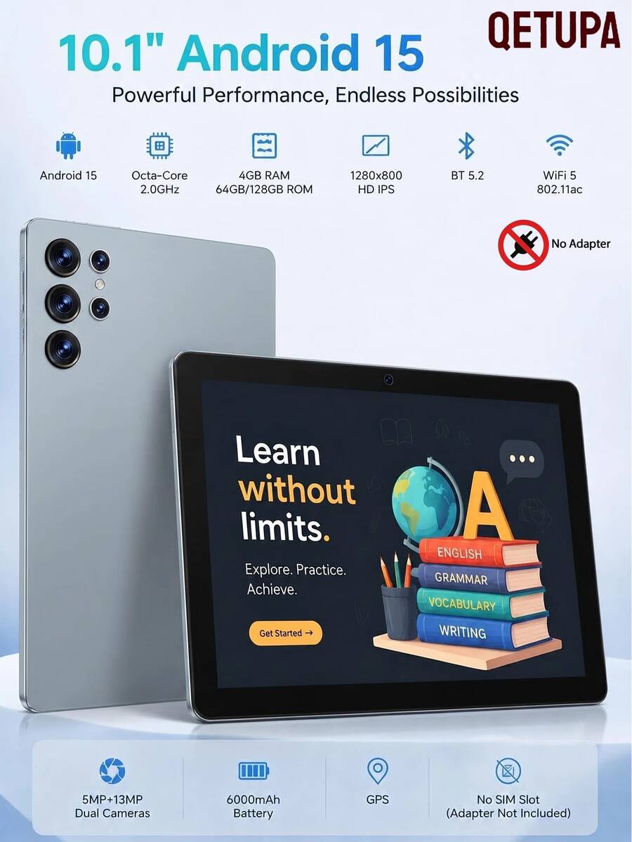 Qetupa Tablet Android 15 10,1 inci, RAM 4GB ROM 64GB Dapat Diperluas Hingga 1TB, WiFi 5 & BT 5.2, Prosesor 8-inti, Layar Sentuh IPS HD 1280*800, Baterai 6000mAh, Kamera Ganda 5MP+13MP (Tanpa Adaptor) - Grey - View 1