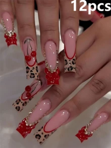 12pcs French Style Nail Stickers, Rectangular, 3D Line Art, Leopard Print Decor, Red Bow And Rhinestone Design, Smooth Surface, Full Coverage Fake Nails, Suitable For Women And Girls Daily Wear - Multicolor - View 6
