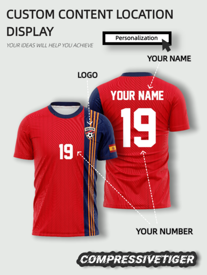 Customized Spanish Vintage Home Football Jersey, Red And Blue Vertical Block Design, Sleeve Decorated With National Flag Logo And Classic Three-Color Vertical Stripes, Soft Fabric, Supports DIY Exclusive Name, Adjustable Jersey Number, Add Customized Team Logo, Men's Summer Outfit, Suitable For Matches, Training And Daily Wear