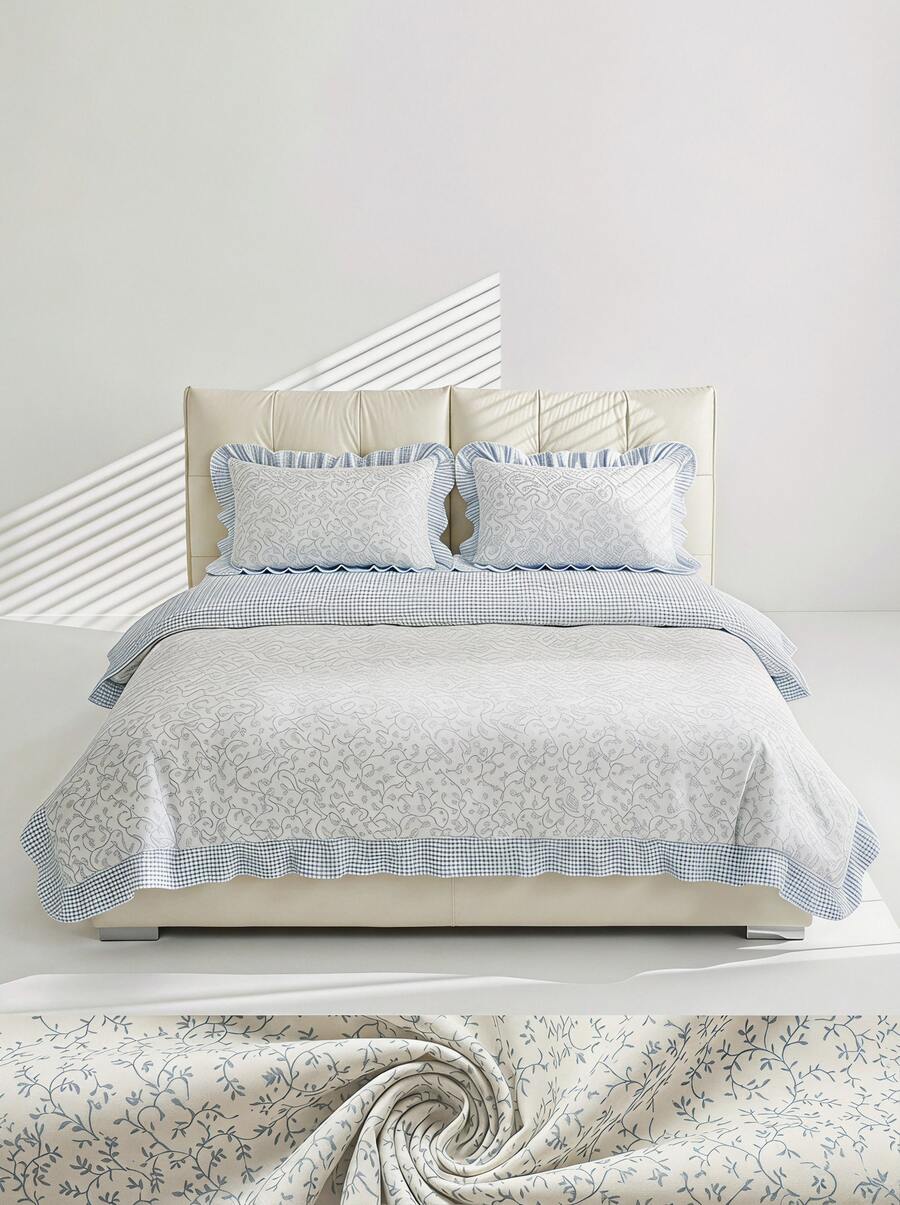 Veyra Day 3pcs Polyester Light Blue Floral Duvet Cover Set, Shabby Chic Ruffled Bedding Set With Gingham Plaid Edge, Cute Floral Comforter Cover With 2 Pillowcases (No Insert) - Sea salt milk blue lotus leaf edge - View 1