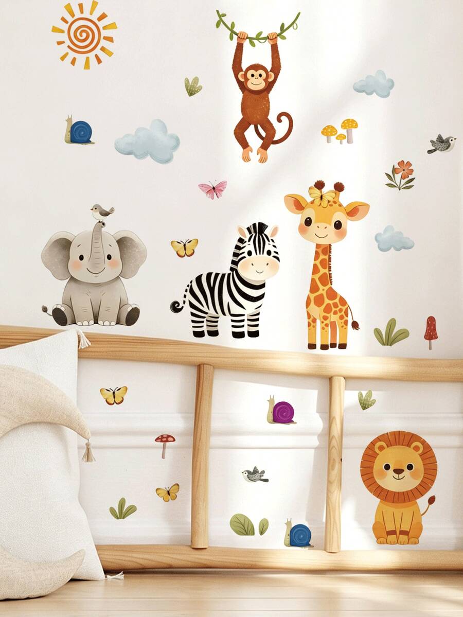 Jungle Nursery Wall Decals, Wild Animal Giraffe Lion Elephant Stickers, Home Decor, Toddler Bedroom Supplies, Cute Unisex Baby Room Wall Art - Multicolor - View 1