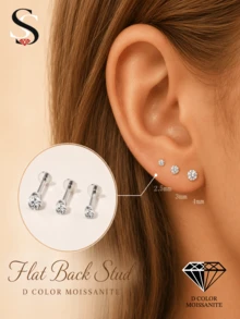 1pc D Color Moissanite 18K Gold Plated S925 Sterling Silver Round Flat Back Stud 2.5/3/4mm For Lobe Helix Piercing Holiday Gift Women Fine Ear Jewelry - Silver - View 1