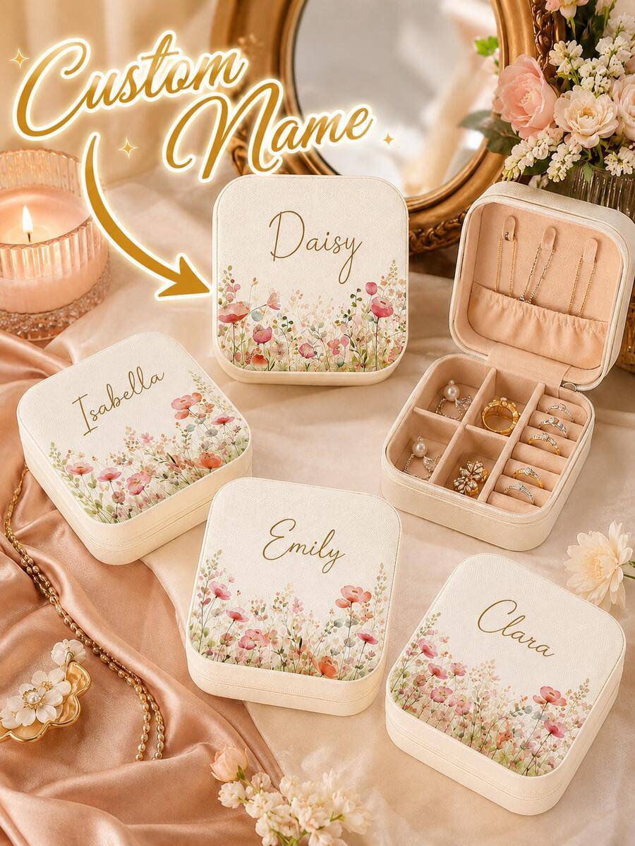 Beige Wildflower Pattern Personalized Jewelry Box With Zipper Closure, Customizable Name, Perfect As Bridesmaid, Graduation, Sister And Friend Birthday Gift, Jewelry Storage Box
