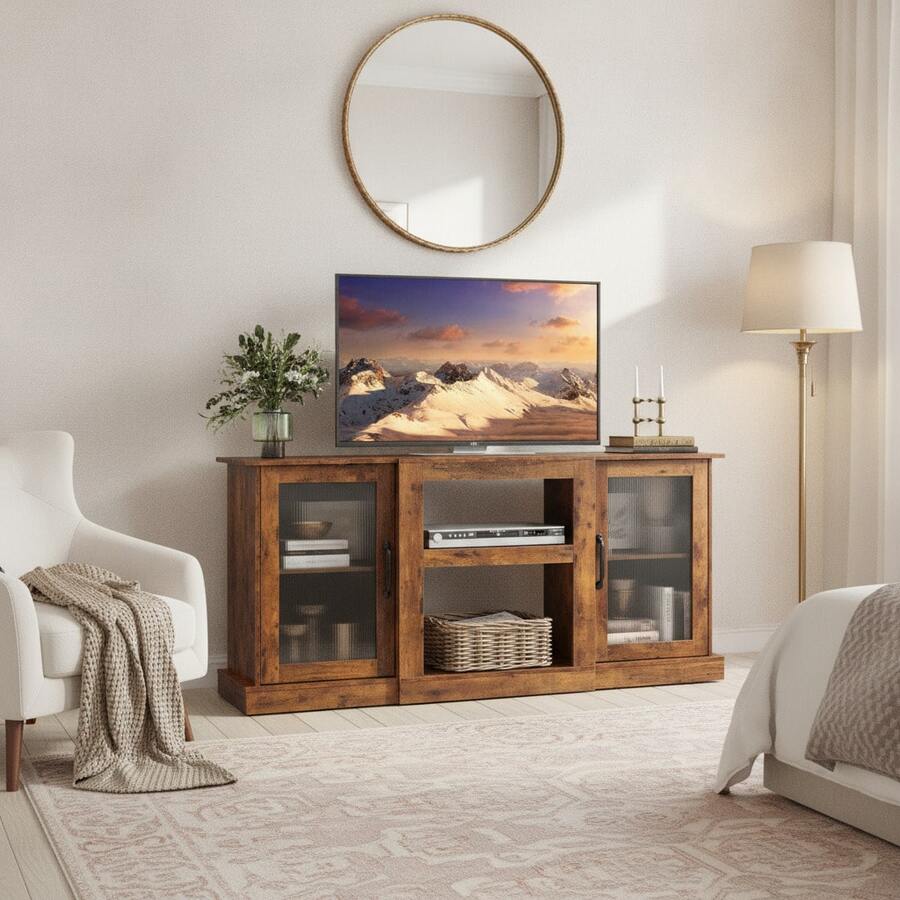 65 Inch TV Stand, Modern Wood TV Console With Open Storage Shelves, Entertainment Center Media Cabinet For Living Room, Bedroom & Gaming Room - 鏽棕色 - 查看 1