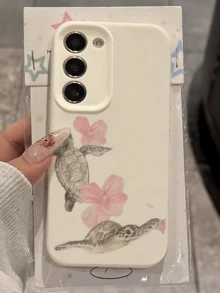 1pc White Pink Hibiscus Double Turtle Minimalist Fashion Personalized TPU Shockproof Full Coverage Phone Case Compatible With Samsung Series - Multicolor - View 2